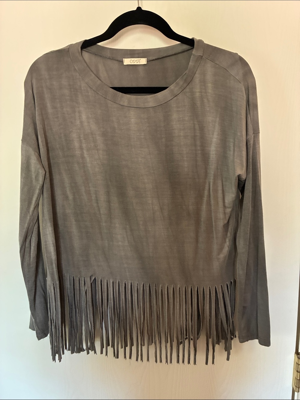 Gray Fringe Long-Sleeve Top